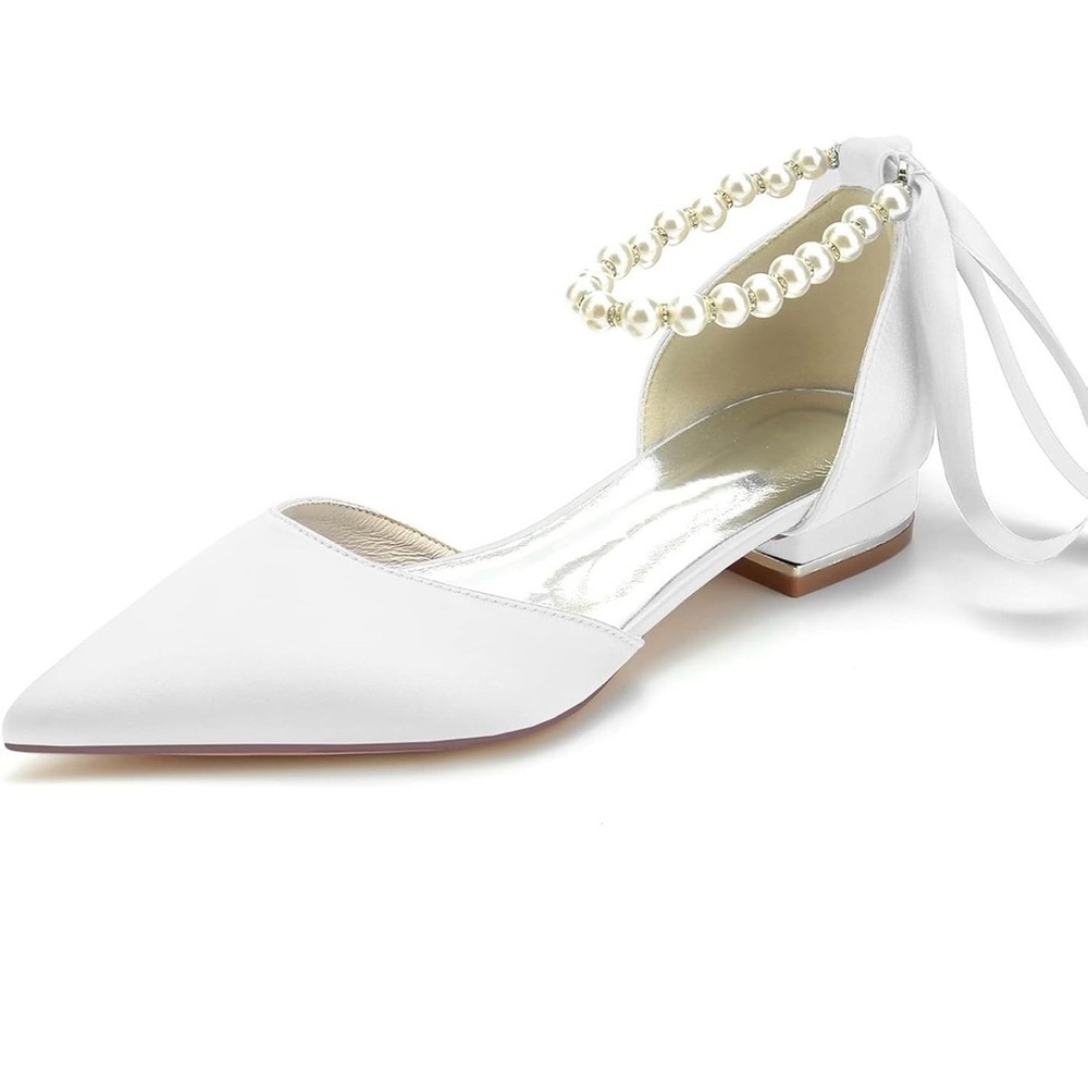 White Satin Pearl Ankle Strap Flats Women’s Size 9 NWT - Picture 3 of 11